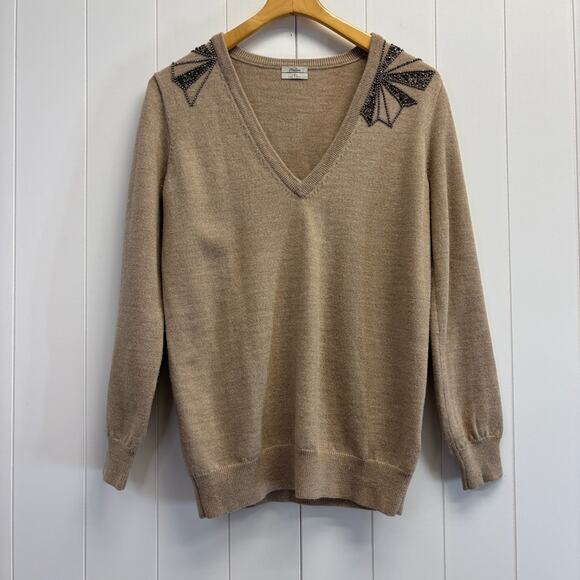 Vintage Wallace Women Glam Neutral Beaded Merino Wool V Neck Sweater Size S Soft - Picture 1 of 8